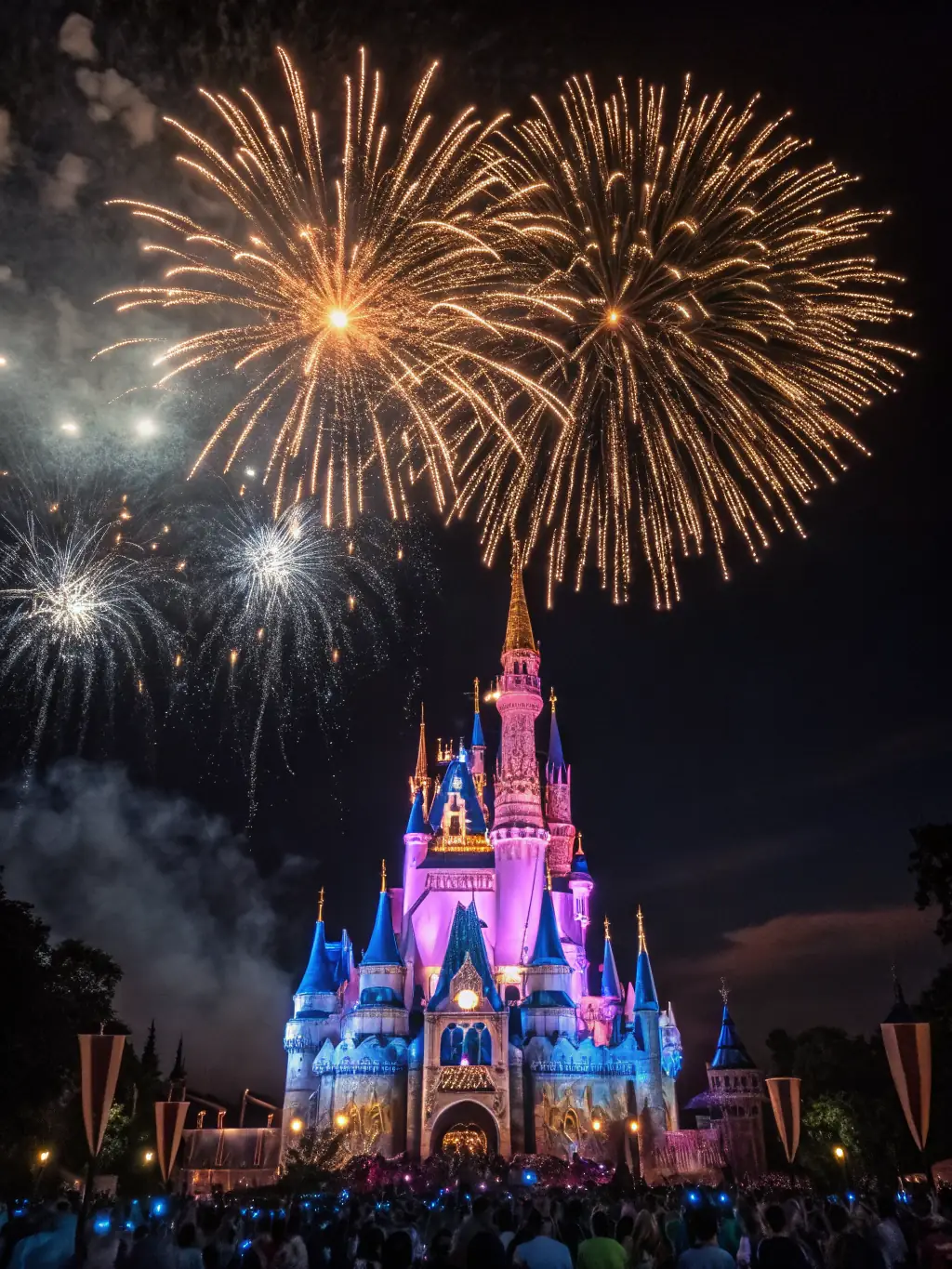 A picturesque image of the Magic Kingdom in Walt Disney World, Orlando, featuring Cinderella's Castle, happy families, and colorful attractions.