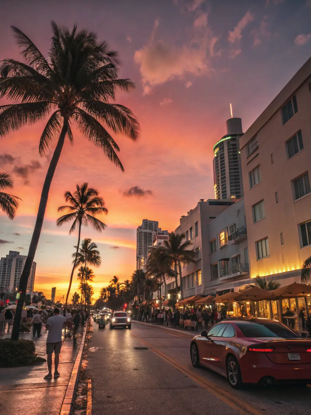 A vibrant photo of South Beach, Miami, showcasing its art deco architecture, sandy beach, and turquoise water, capturing the lively atmosphere and iconic scenery.