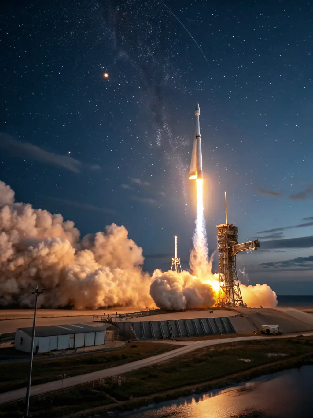 A captivating photo of the Kennedy Space Center, Cape Canaveral, featuring a rocket launch, astronaut exhibits, and interactive displays, highlighting its educational and inspiring aspects.